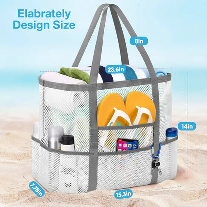 Mesh Beach Bag Rope Handles, Mesh Tote Bag for Women Contains Wicker Oversized Beach Tote Bag with 9 Small Pockets (White)